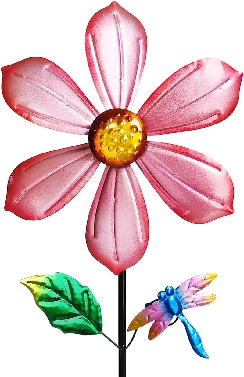 Senflame Metal Outdoor Flower Wind Spinner with Pink Floral & Gold Dragonfly, Decorative Kinetic Wind Sculpture for Yard, Garden, Patio, Lawn - Vibran Garden Art & Lawn Ornament for Outdoor Decor - Image 1